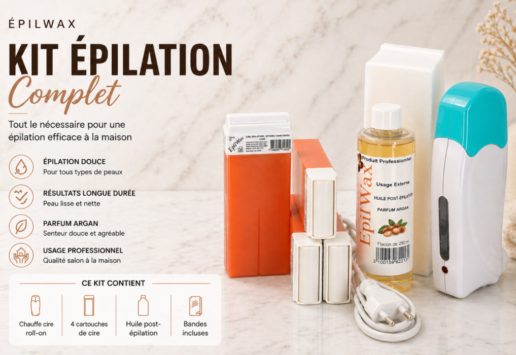 Kit d'épilation complet à la cire jetable à l'Argan, avec roulette grand modèle pour les jambes, aisselles, et le corps.