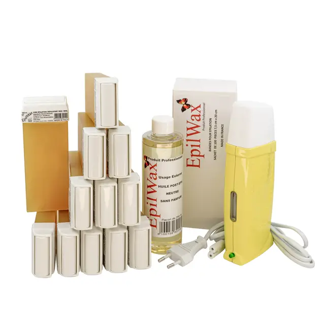 Kit Chauffe Cire Épilation Professionnelle avec 12 x Recharges Roll on Cire, 100 x Bandes d'Épilation et Huile après Épilation - Gamme Royal